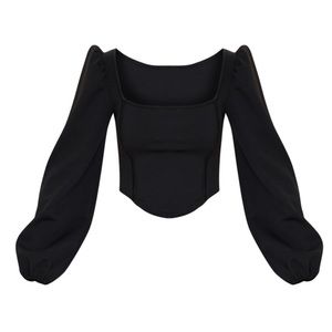 Black Binding Balloon Sleeve Crop Top